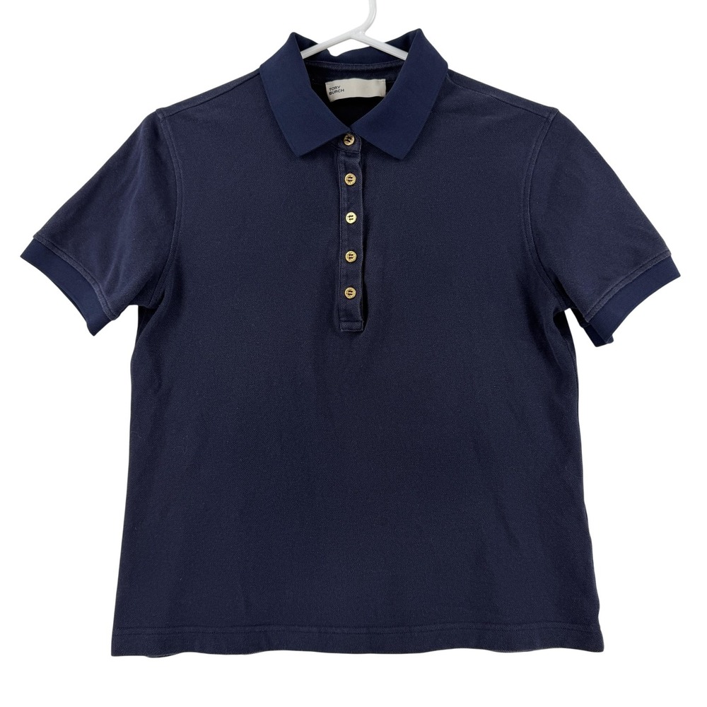 Tory Burch Polo Shirt Womens‎ Medium Blue Short Sleeve Pique Cotton Top